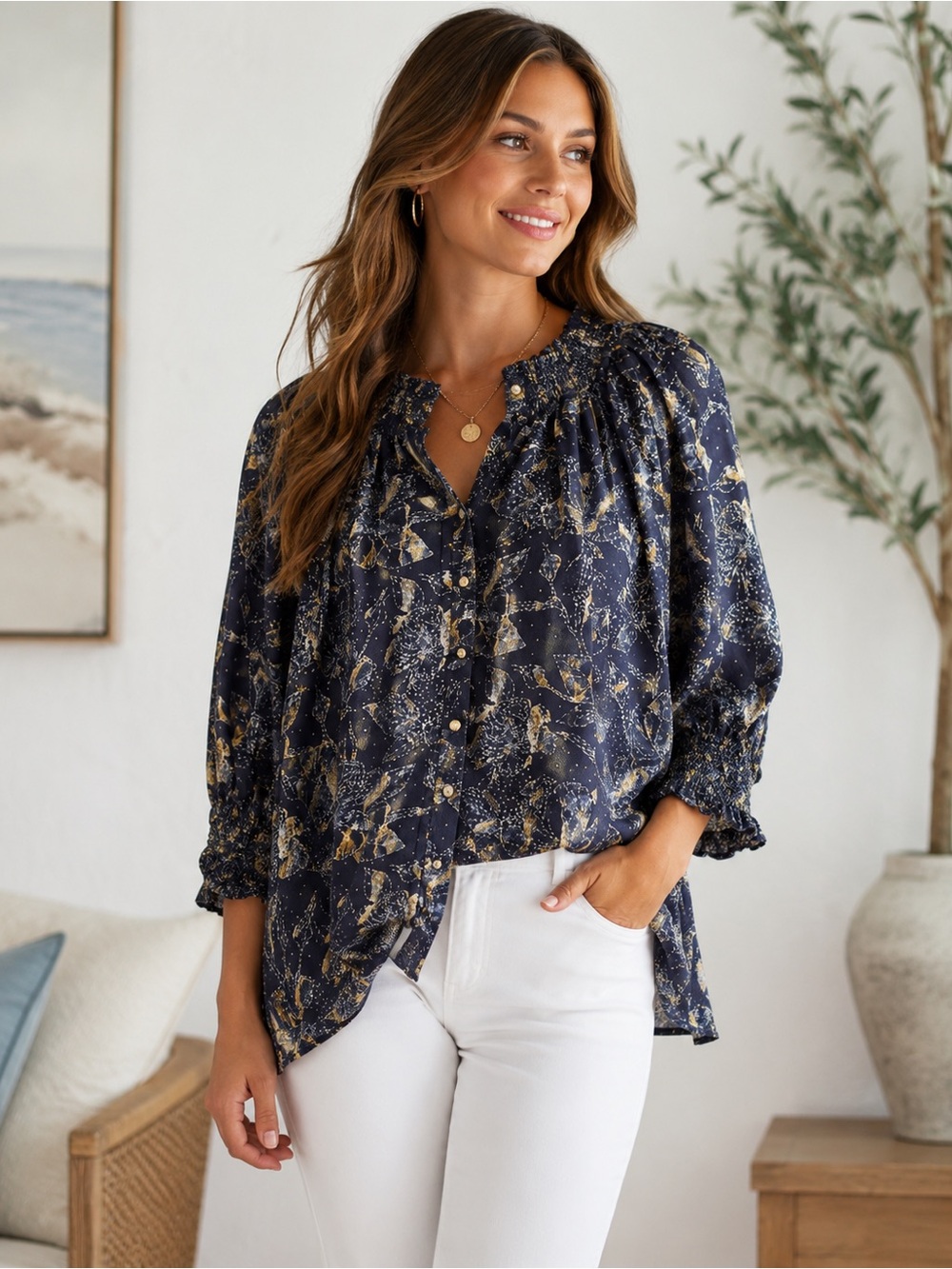 Never A Wallflower Cotton Floral Blouse Navy Smocked Puff Sleeve Cottagecore L